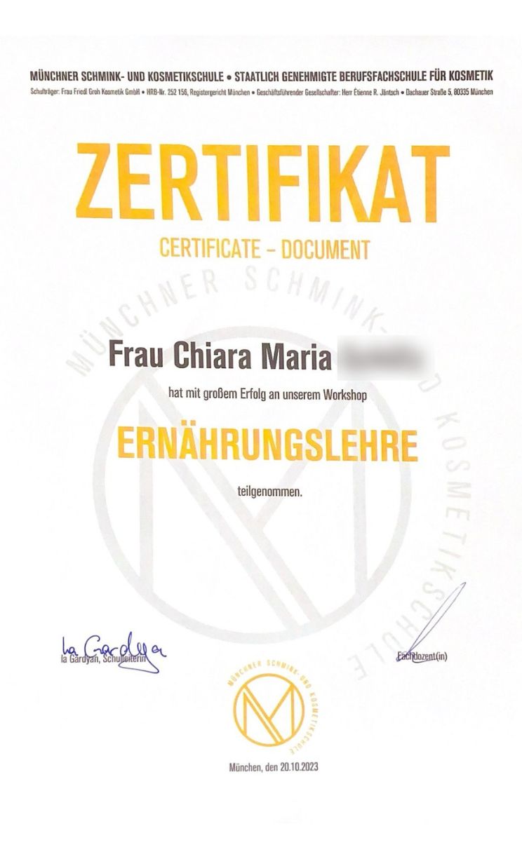 Zertifikat für Chiara zur Teilnahme am Workshop Ernährungslehre, Teil ihres ganzheitlichen Ansatzes bei Seelenwellness in Maxvorstadt