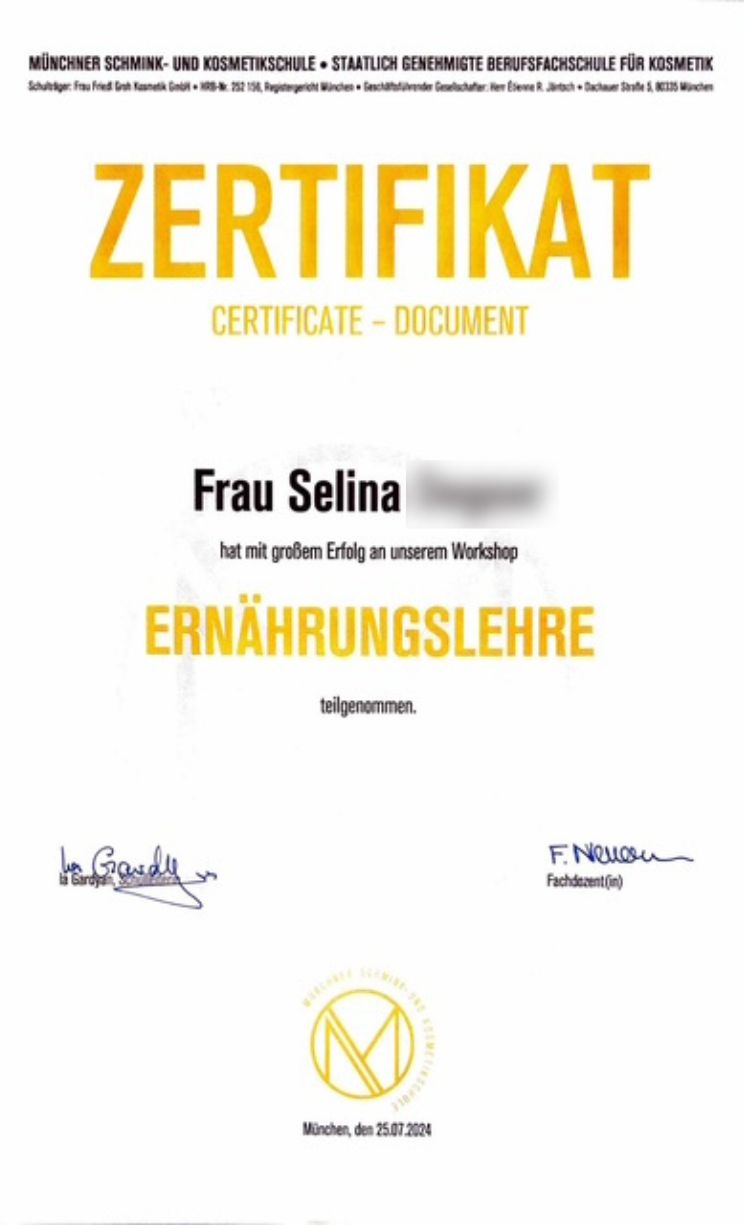 Zertifikat für Selina im Bereich Ernährungslehre, Verbindung von Ernährung und Hautgesundheit bei Seelenwellness München