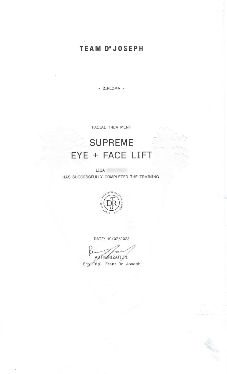 Zertifikat für Lisa zur Schulung im Bereich Supreme Eye and Face Lift, spezialisiert auf Anti-Aging Gesichtsbehandlungen bei Seelenwellness München