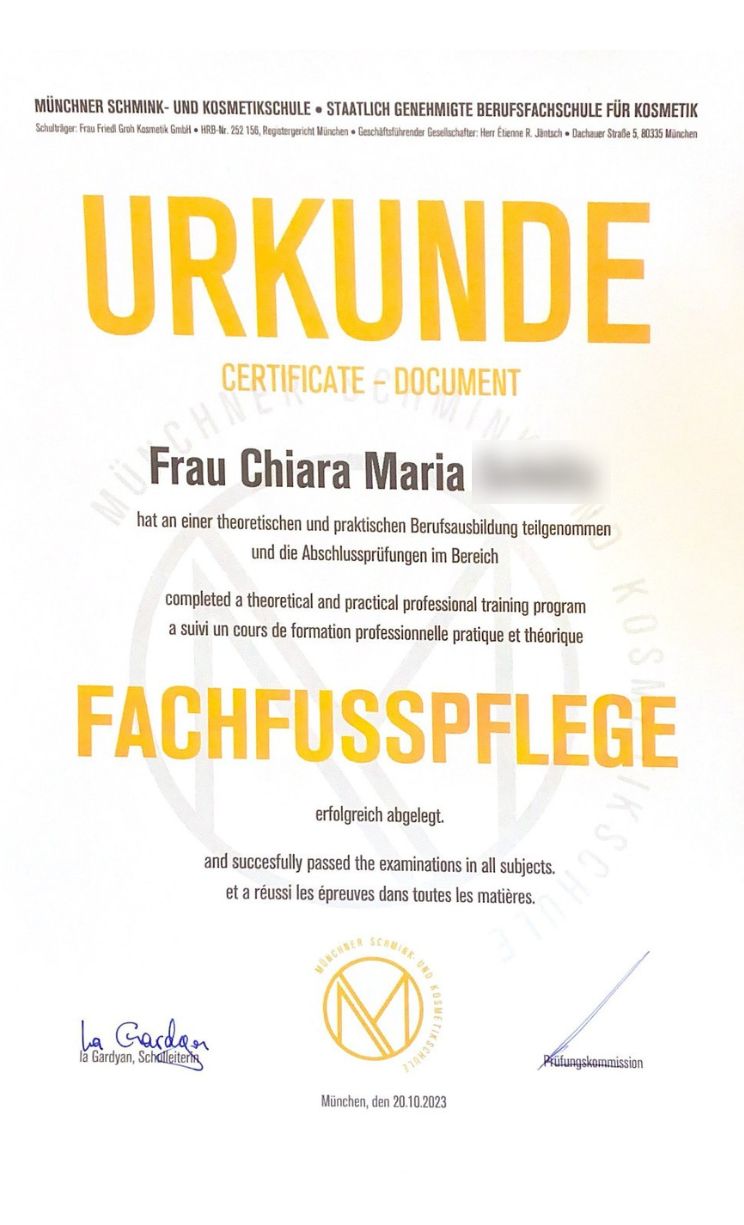 Fachfußpflege Zertifikat Chiara – Ganzheitliche Kosmetik