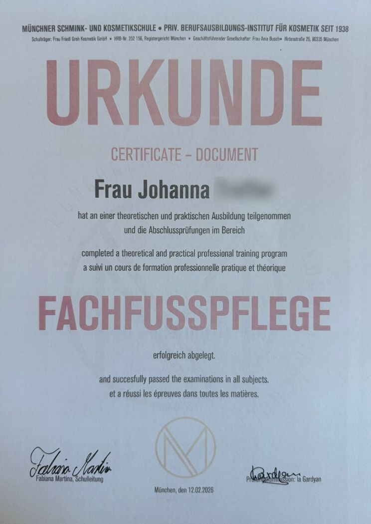 Fachfußpflege Zertifikat Johanna – Kosmetische Ausbildung