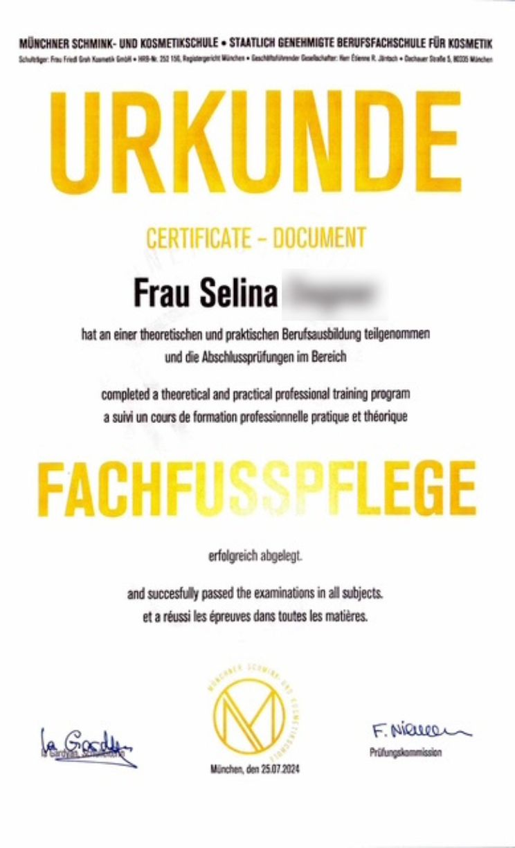 Fachfußpflege Zertifikat Selina – Professionelle Fußpflege