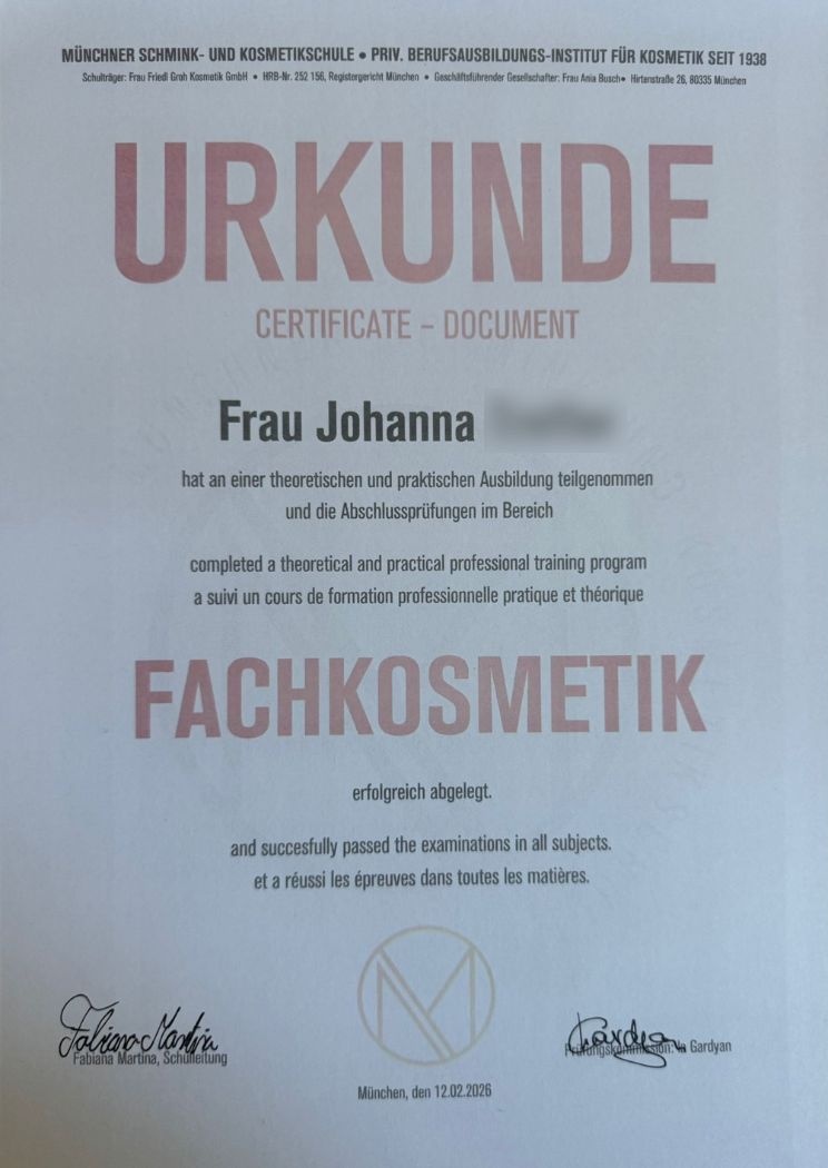 Fachkosmetik Zertifikat Johanna – Ganzheitliche Kosmetik