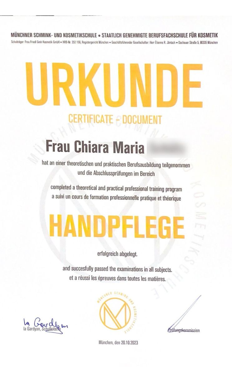 Handpflege Zertifikat Chiara – Kosmetische Ausbildung