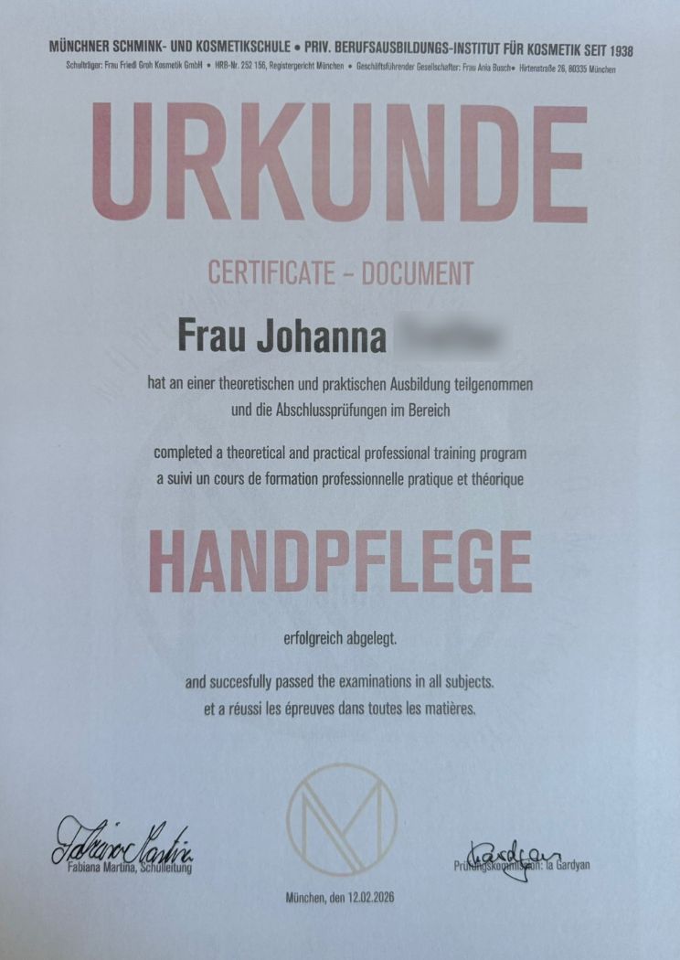 Handpflege Zertifikat Johanna – Kosmetikerin Ausbildung