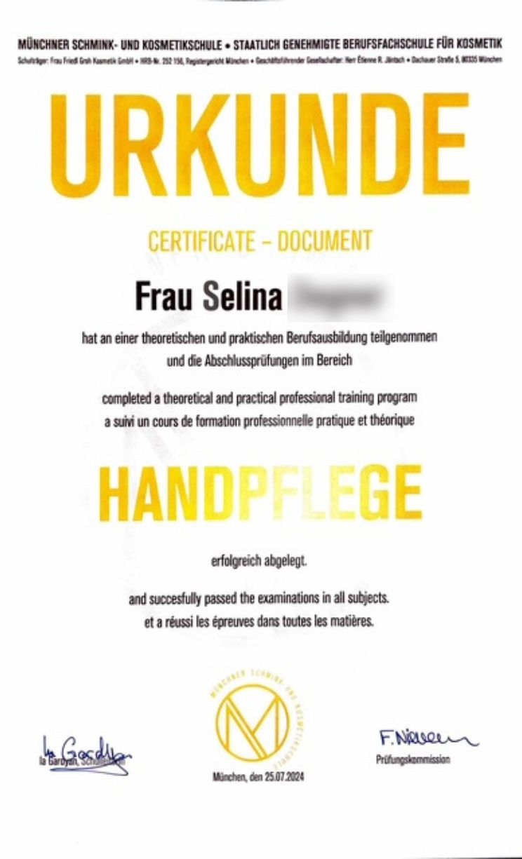 Handpflege Zertifikat Selina – Pflege & Maniküre