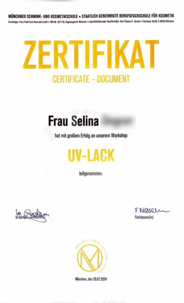 UV-Lack Zertifikat Selina – Nageldesign Workshop