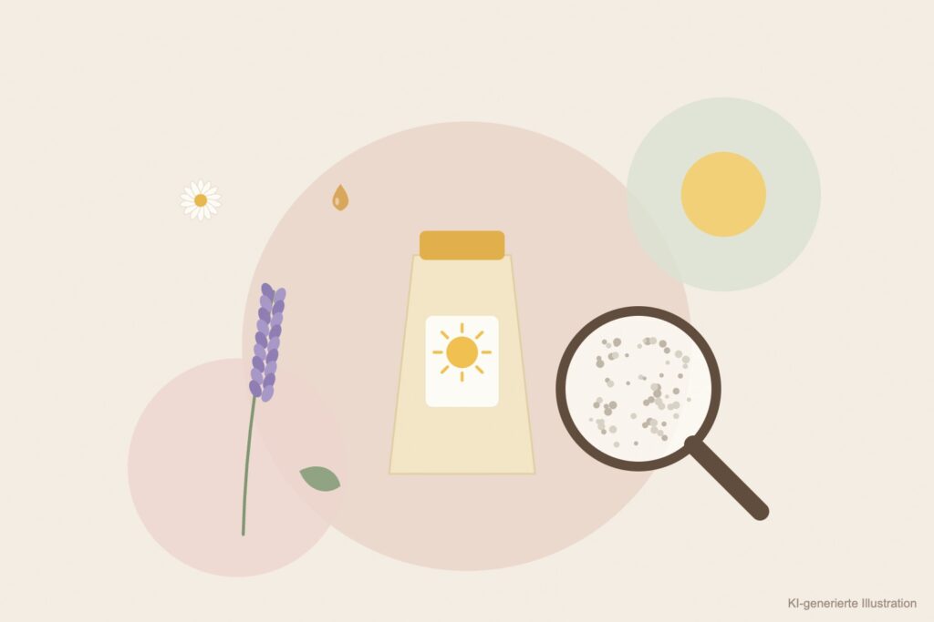 KI-generierte Illustration: Sonnencreme-Tube mit Sonnensymbol, eine Lupe mit vergrößerten winzigen Partikeln und eine Sonne