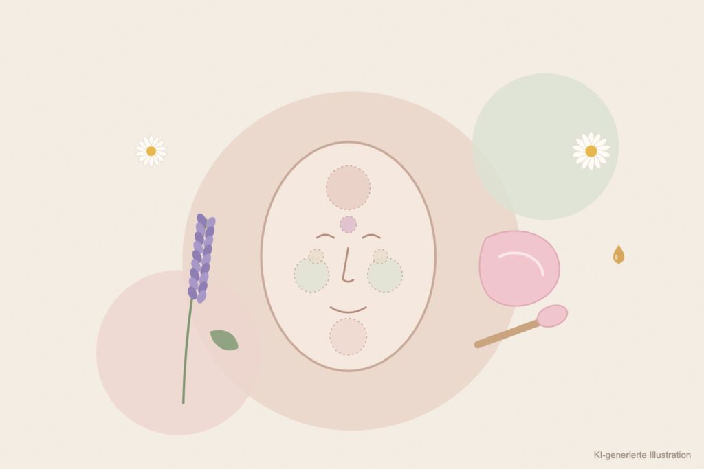 KI-generierte Illustration: Stilisiertes Gesicht in Linienzeichnung mit sanft markierten Zonen, daneben ein Gua-Sha-Stein und ein Gesichtsroller aus Rosenquarz