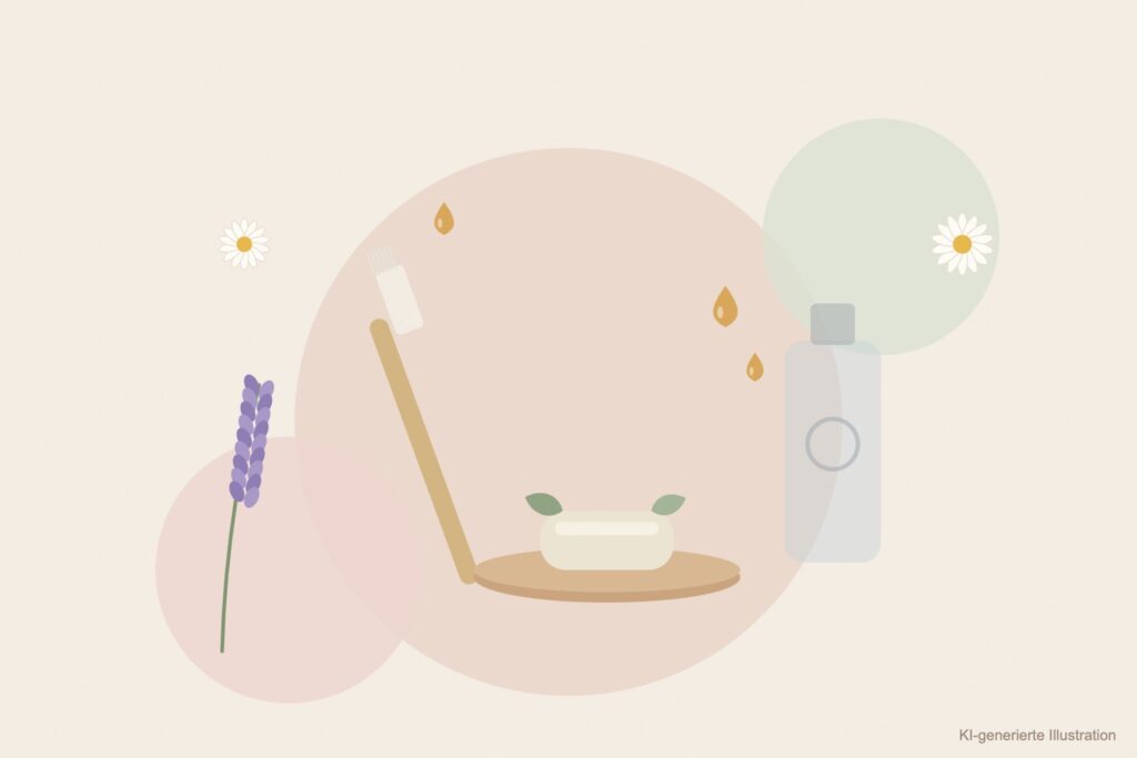 KI-generierte Illustration: Bambuszahnbürste, ein schlichtes Seifenstück auf einer Holzschale mit Blättern und verblassend eine antibakterielle Pumpflasche